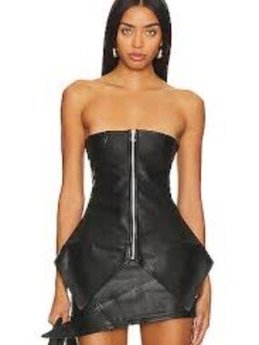 SAMI MIRO VINTAGE Strapless Black Leather Zip-Front Top, Size Medium, NWT
